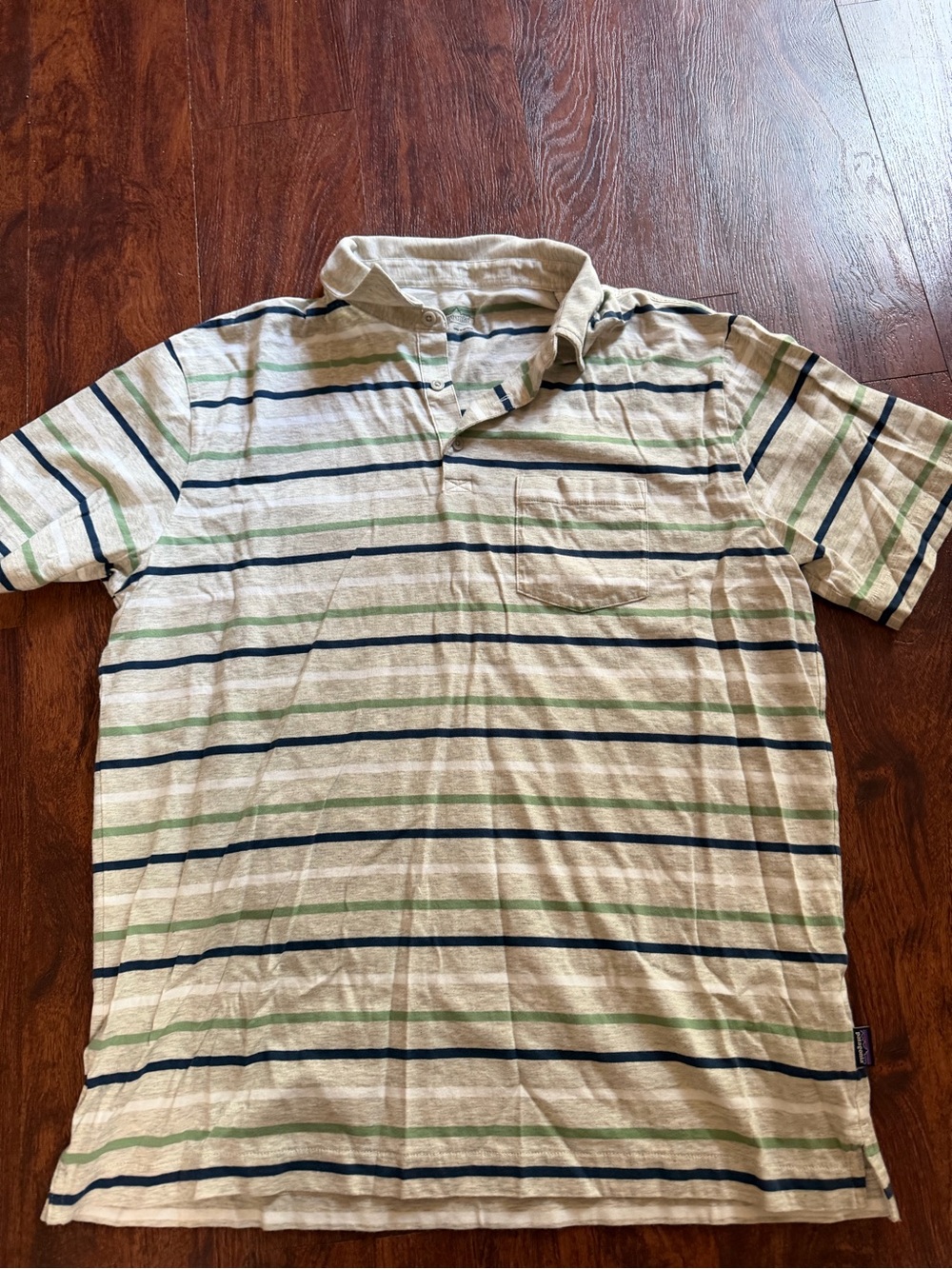 Patagonia Beige Polo with Navy & Green Stripes